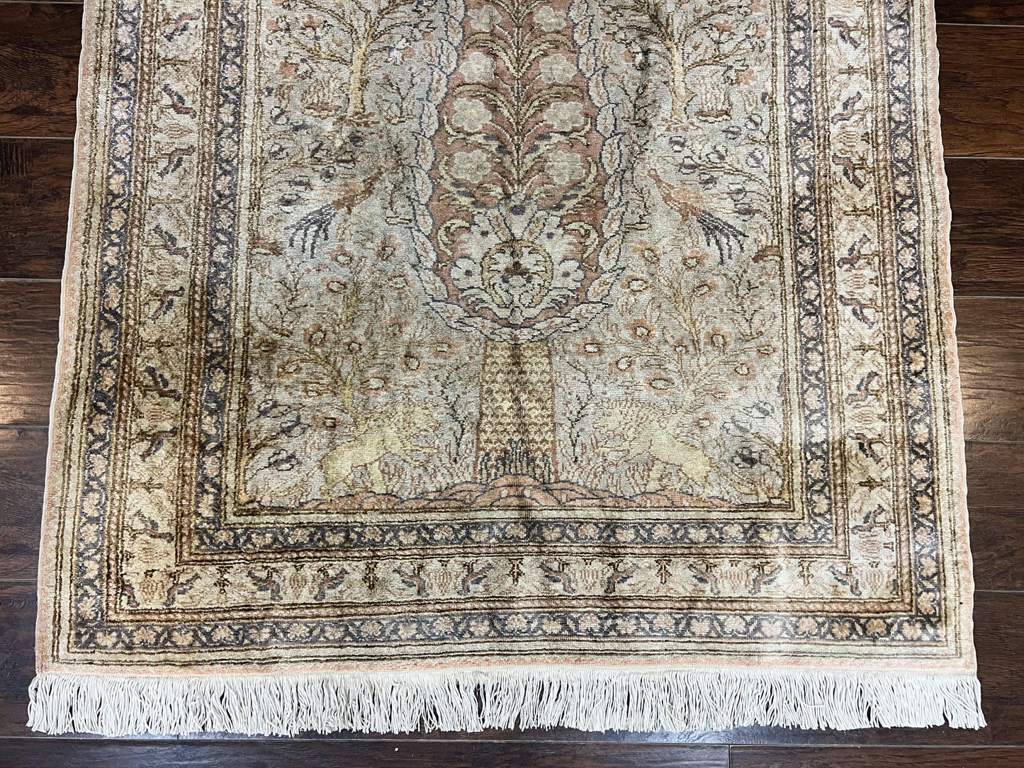 USED Turkish Kayseri Silk Rug 4x6, Tree of Life Pattern, Vintage Handmade Hand Knotted Carpet, Animal Pictorials, Birds