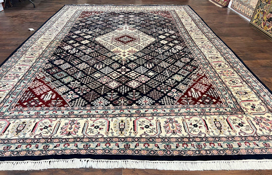 USED Indo Persian Rug 10x14, Large Wool Hand Knotted Vintage Carpet, Navy Blue & Ivory, 10 x 14 Room Sized Traditional Oriental Rug