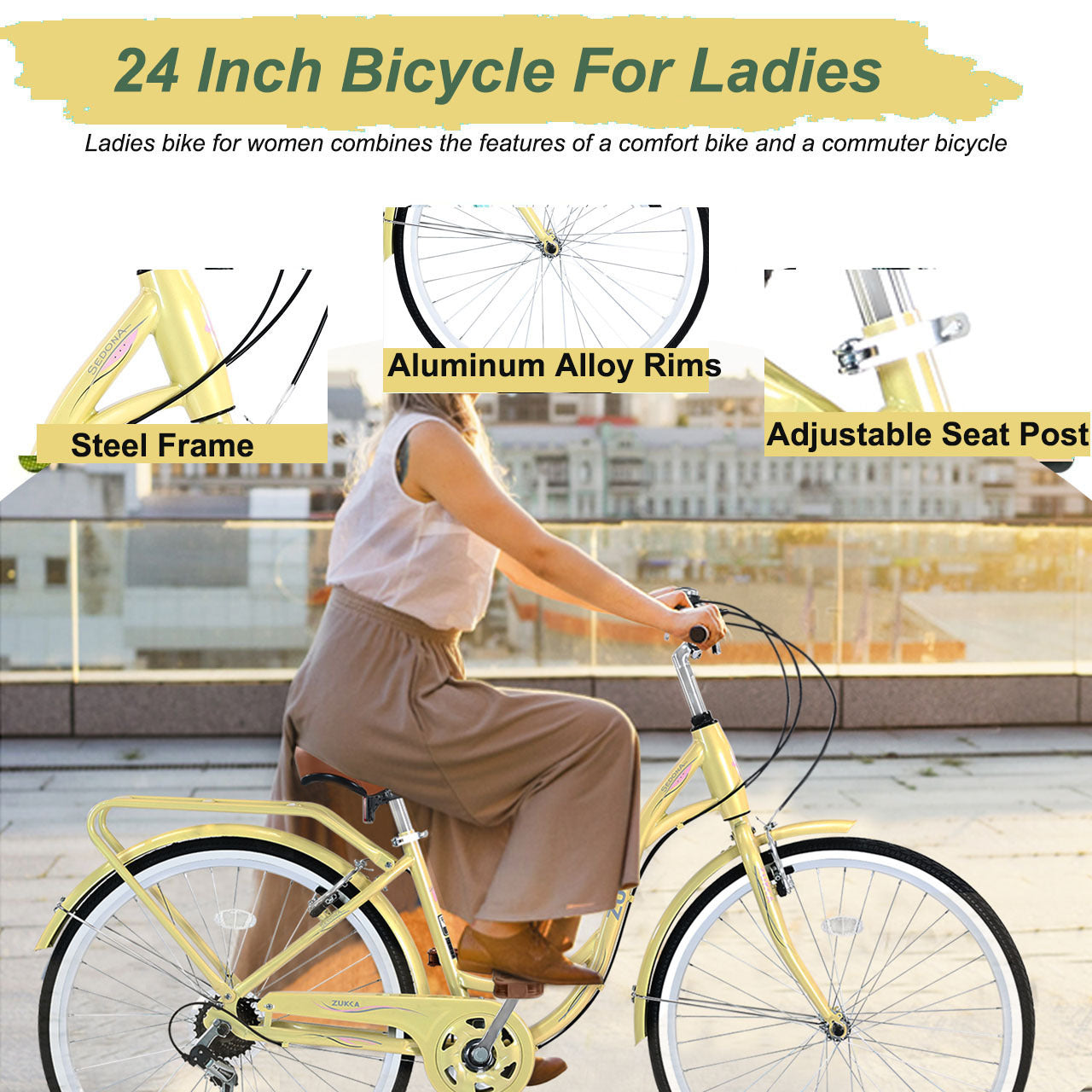 NEW 7 Speed, Steel Frame, Multiple Colors 24 Inch Ladies Bicycle