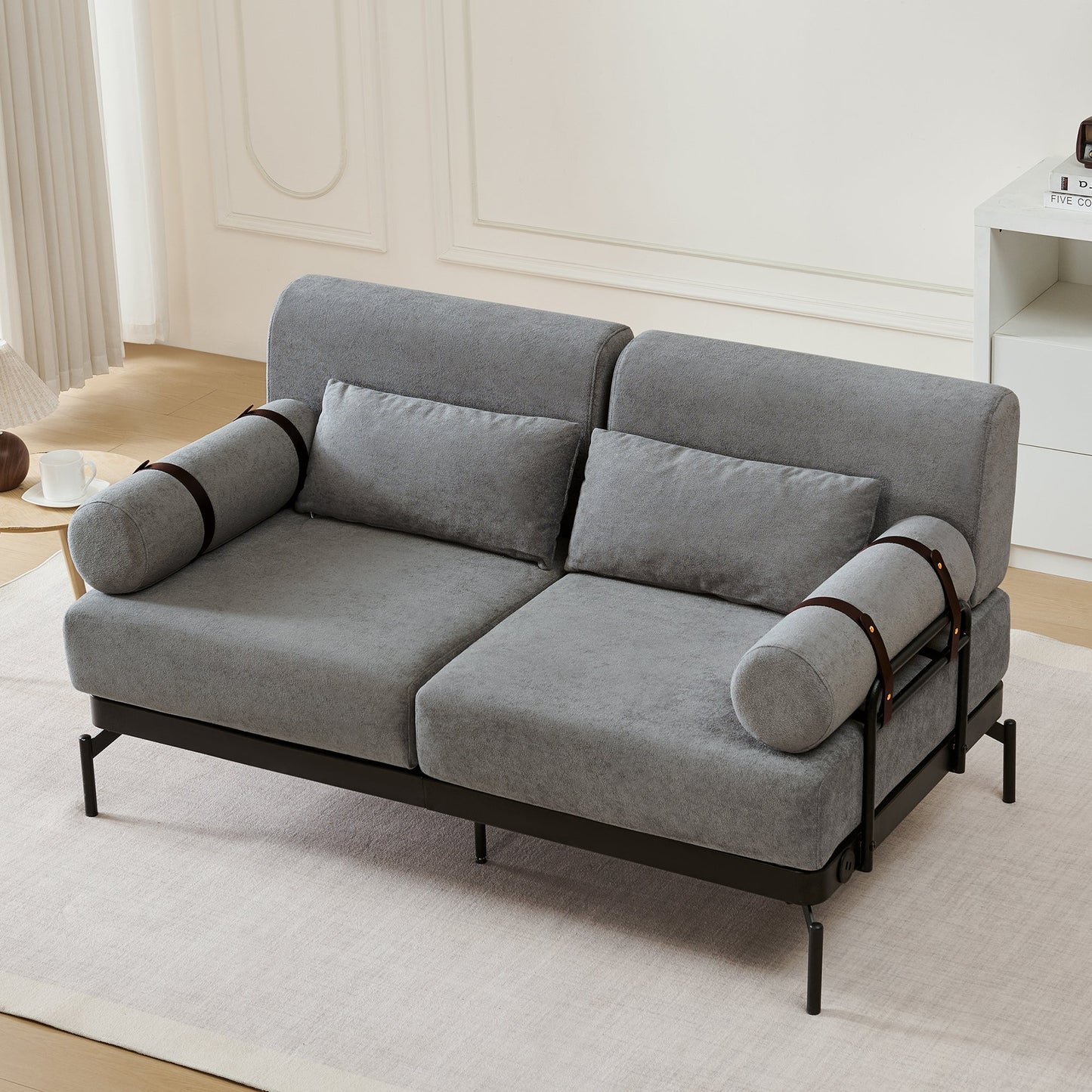 NEW Modern Grey Chenille 2 Seater Loveseat 59' Sofa Couch with USB Ports Unique Cylindrical Armrests