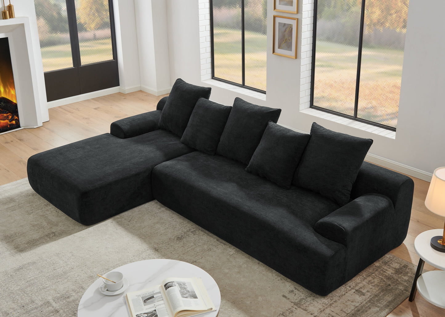 NEW Modern Black Melange Velvet Upholstered L-Shape Sectional Modular Compressed Sofa