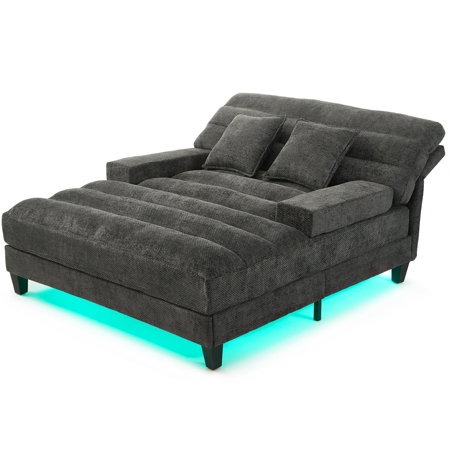 NEW  Grey Chenille LED Light Strip Upholstered Modern Chaise Lounge Sofa Bed