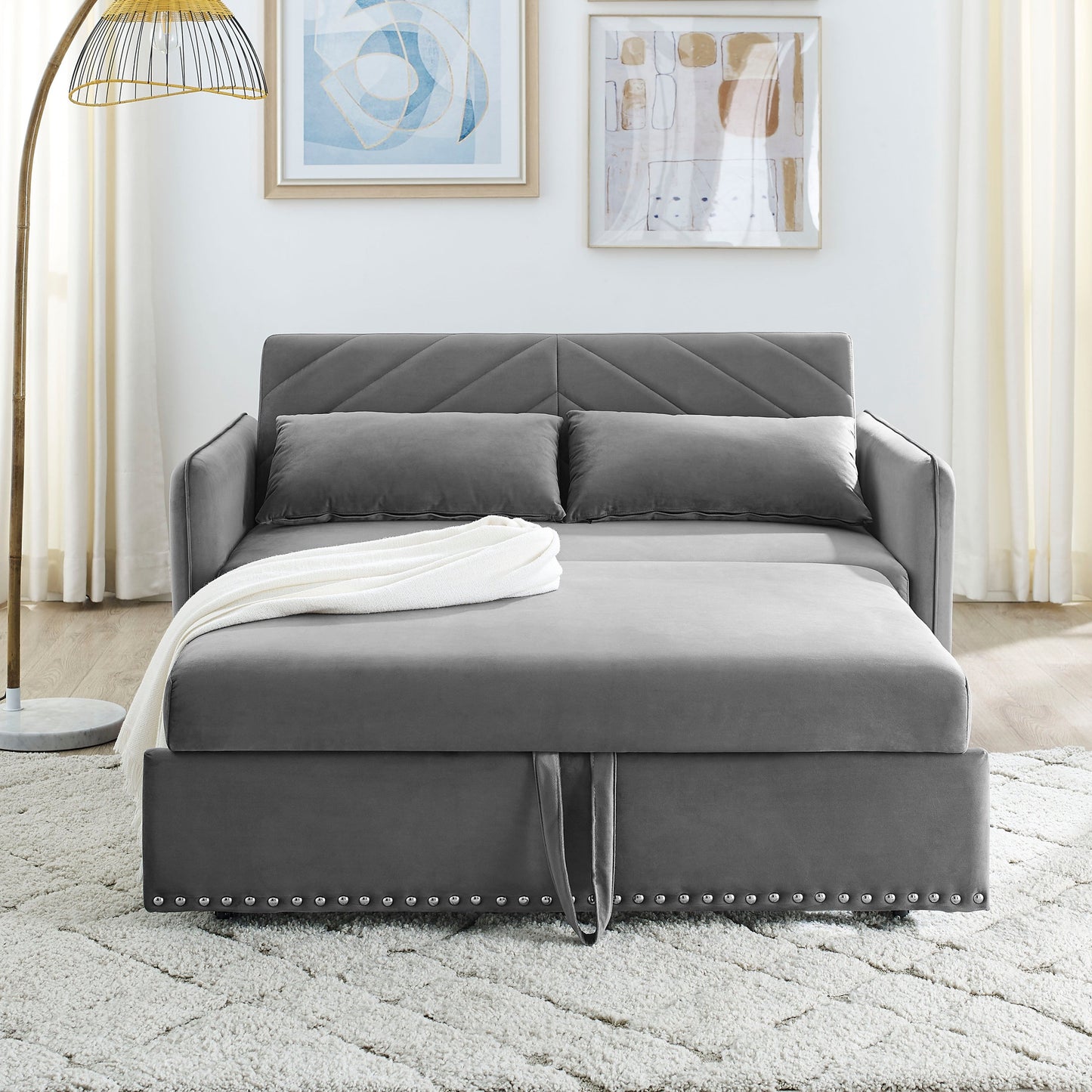 NEW MH' Sleeper Sofa Bed w/USB Port 3-in-1 Adjustable Sleeper with Pull-Out Bed 2 Lumbar Pillows