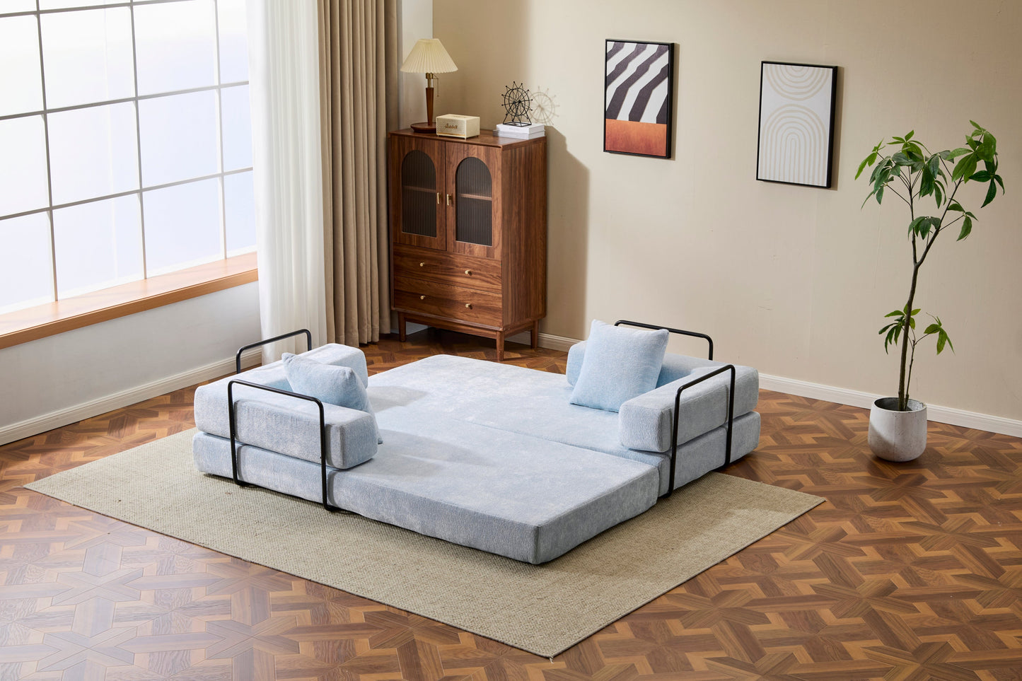 NEW Light Blue Chenille Fabric Floor Couch Compression Convertible Sofa Bed with Pillow Back Support Armrest Comfy Futon Couch Lounge Sleeper Bed