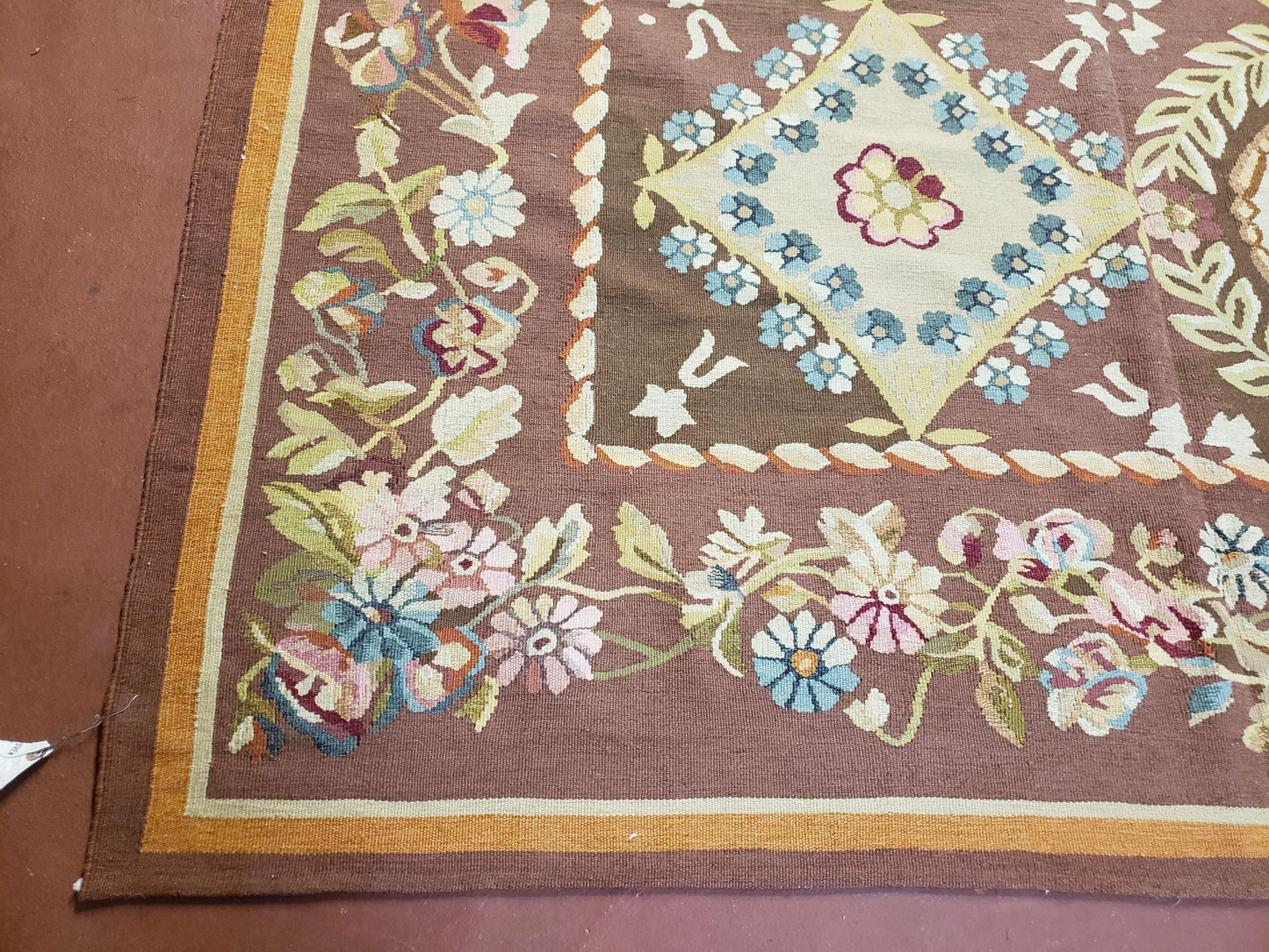USED Aubusson Rug 6 x 9 Flat Weave Area Carpet European Design Flowers New Brown Rug Handmade Wool Hand-Knotted Aubusson Weave Medium Rug 6x9