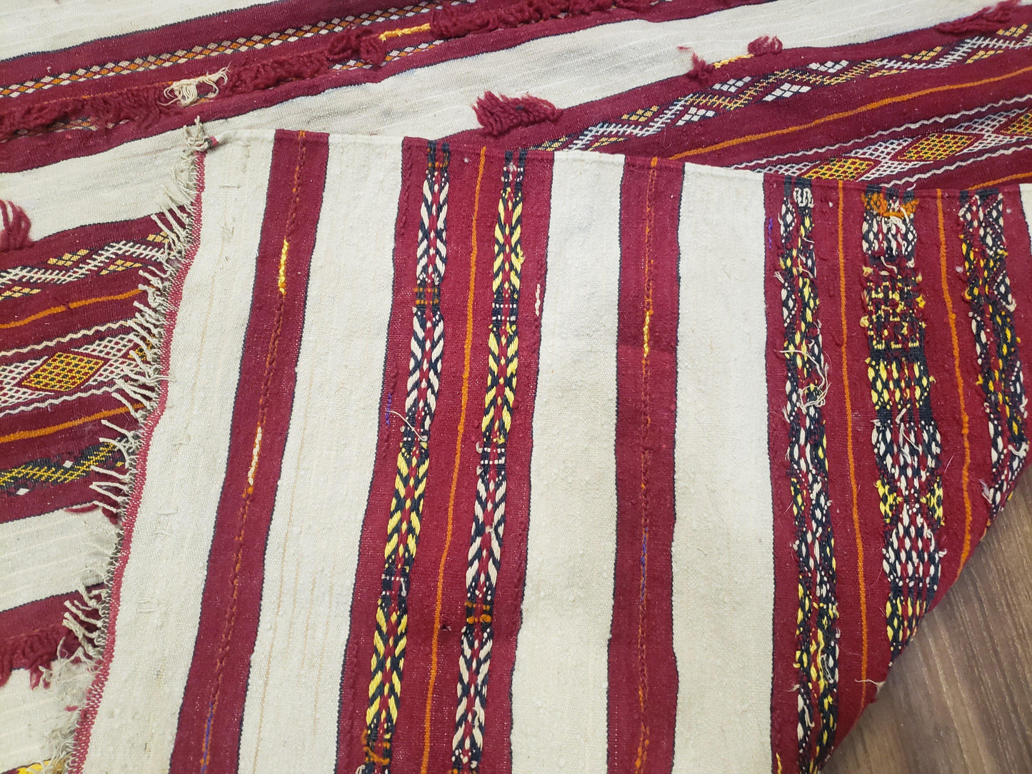 USED Antique Turkoman Yamud Rug 3x5 ft, 1920s Turkmen Sofreh Table Cover, Bohemian Rug, Tribal Collectible, Striped Rug, Handmade Ivory and Red