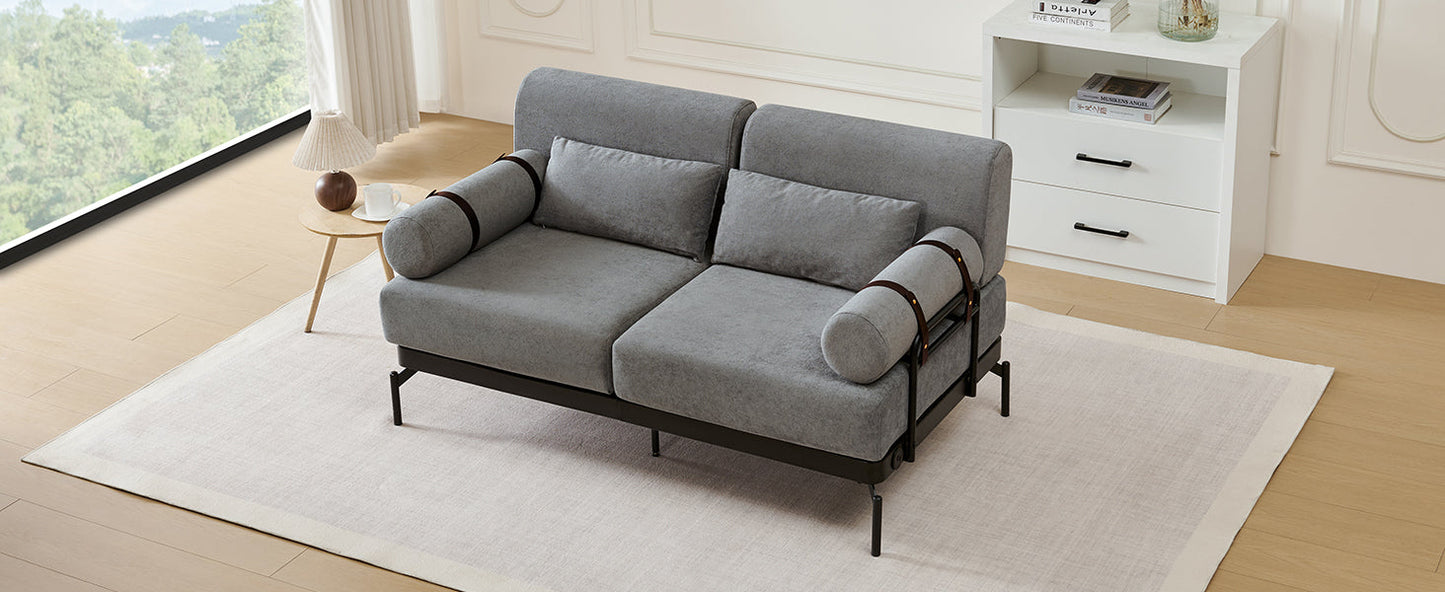 NEW Modern Grey Chenille 2 Seater Loveseat 59' Sofa Couch with USB Ports Unique Cylindrical Armrests