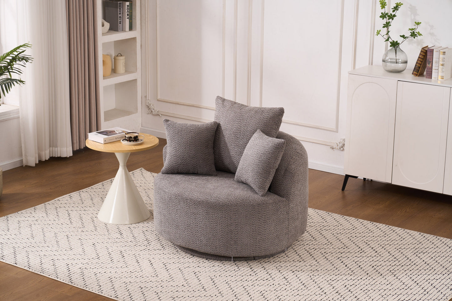 NEW 360° Swivel Round Grey Upholstered Accent Barrel Chair with 3 Removable Pillows