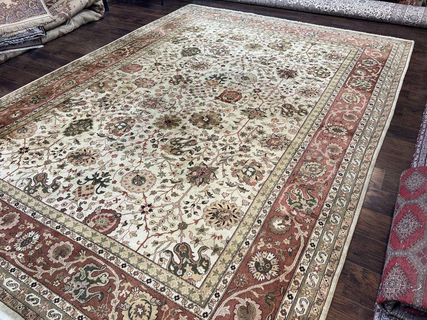 USED Large Indian Rug 10x14, Hand Knotted Indo Persian Gandehar Oriental Carpet, Vintage Wool Rug 10 x 14 ft Cream Red Floral Allover Traditional