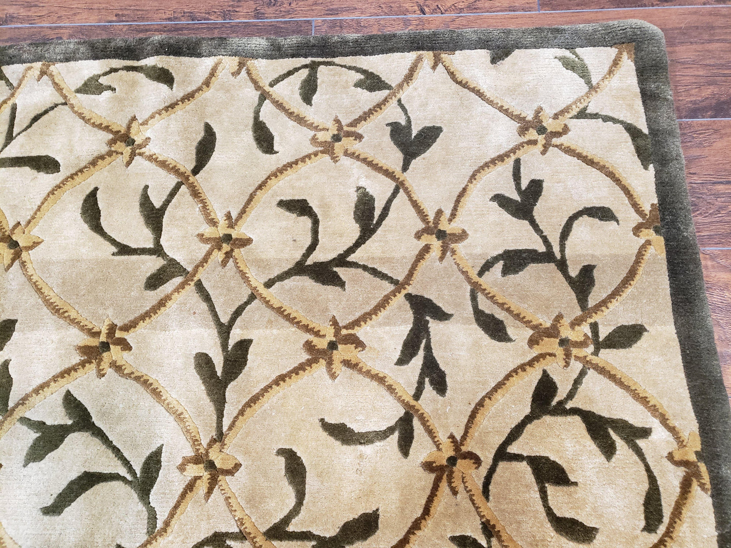 USED Vintage Tibetan Nepalese Area Rug 9x12, Wool Hand-Knotted, Beige Nepali Soft Pile Carpet, 9 x 12 Living Room Modern Dining Room Rug