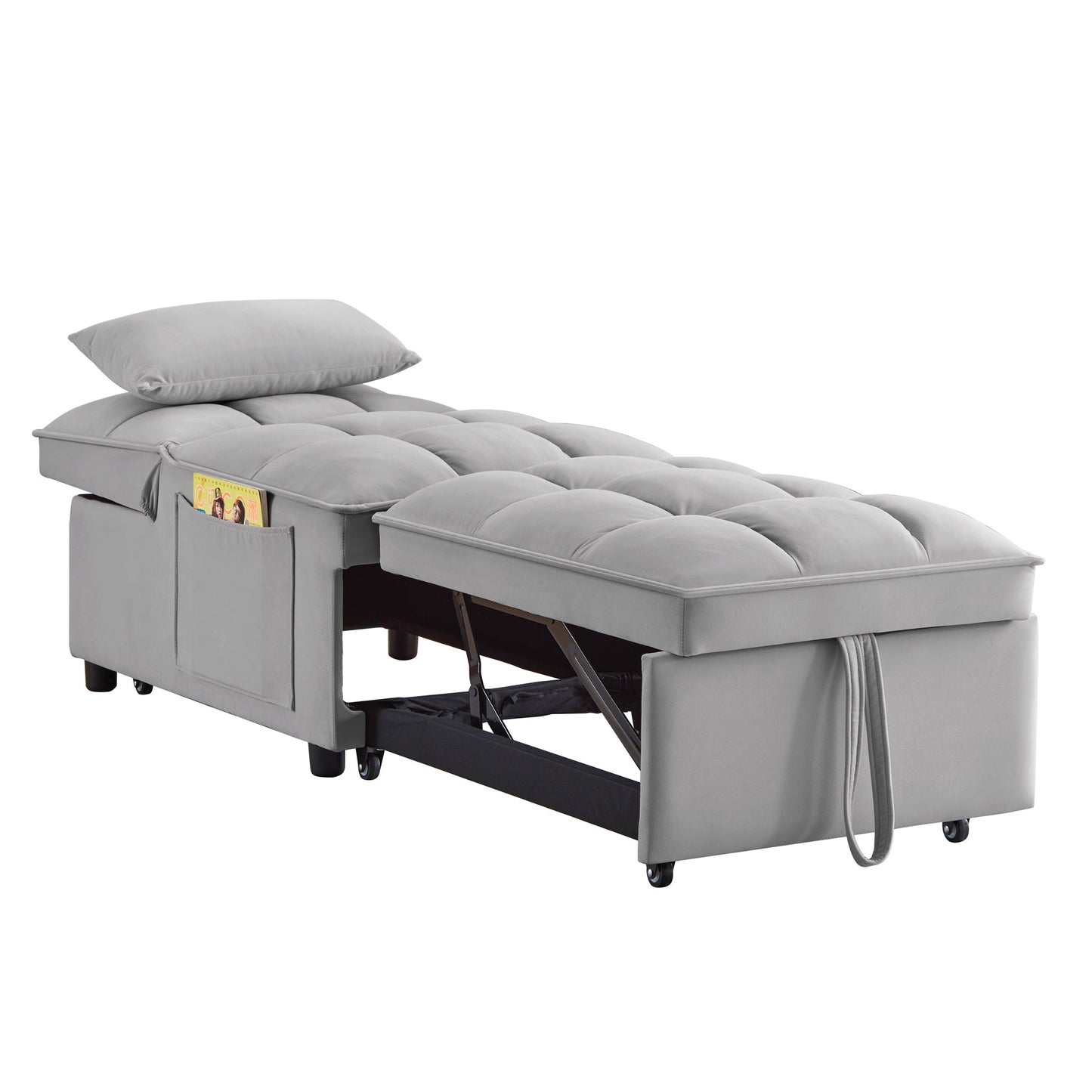 NEW 4 in 1 Multi-Function Grey Tufted Single Convertible Chaise Lounge Pull-Out Sofa Bed with Storage Pockets with Adjustable Backrest and Pillows