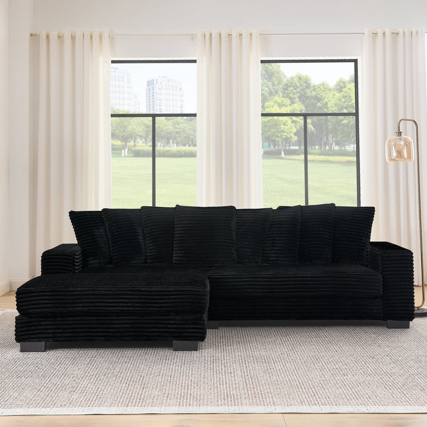 NEW Black Corduroy Tufted Upholstered L-Shaped Modular Convertible Sleeper Sectional Sofa Couch