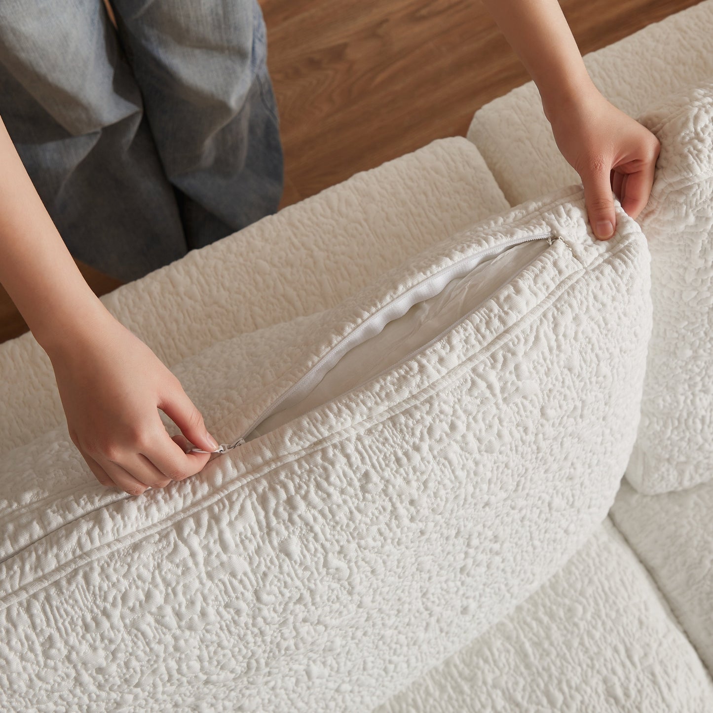 NEW Cloud Style 3 Seater Convertible Couch Warm White, Chenille Fabric L-Shape Modular