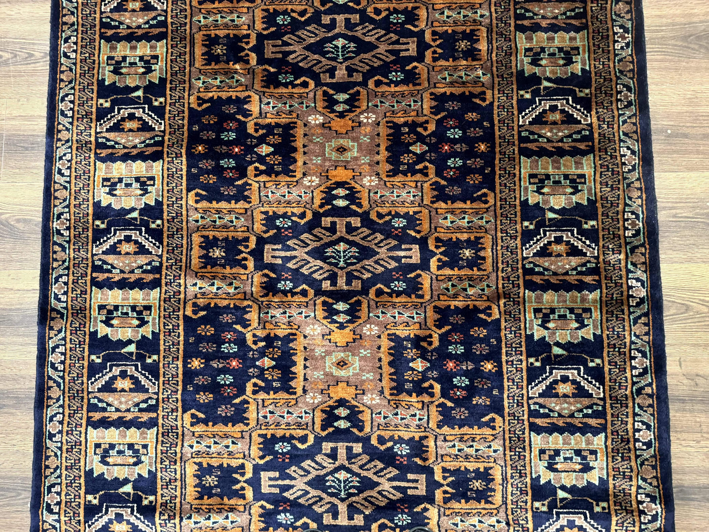 USED Vintage Afghan Rug 4x6, Navy Blue and Light Brown, Geometric Medallions, Wool on Wool, Tribal Rug