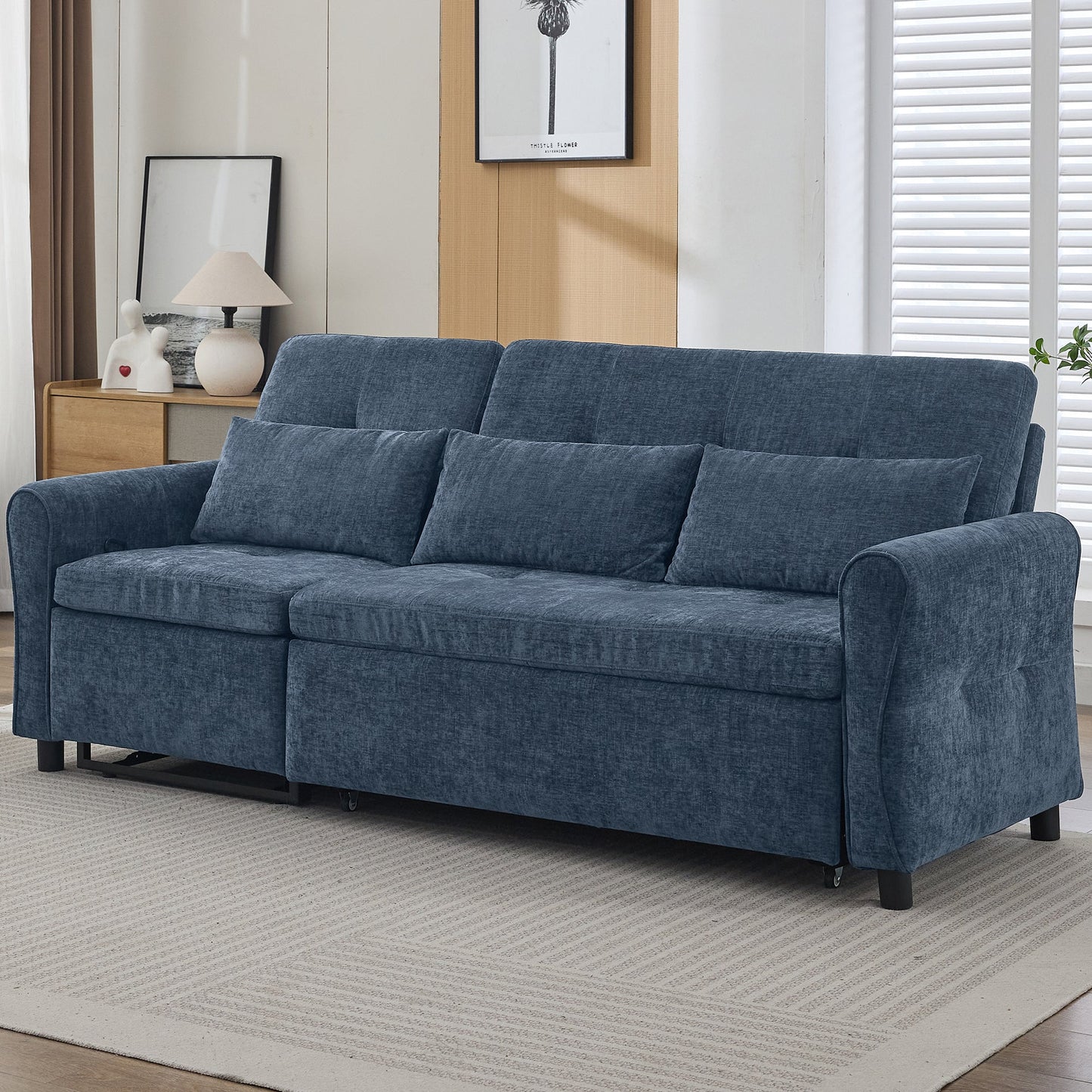 NEW 2-in-1 Sofa 82' Three-seater Sofa with Sofa Bed and Reversible Recliner, Blue Chenille