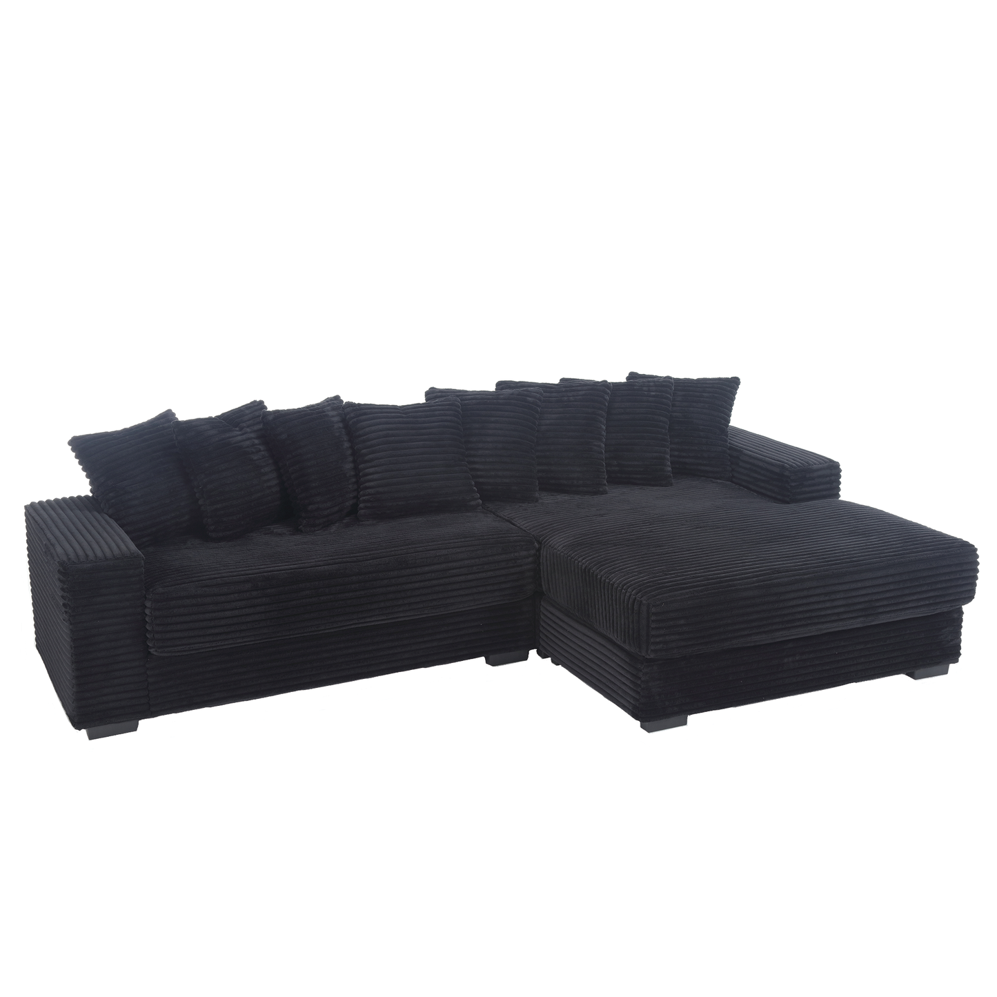 NEW Oversized Black Two-Piece Couch L Shaped Sofa Corduroy Right Chaise Daybed with Armrests Eight Throw Pillows