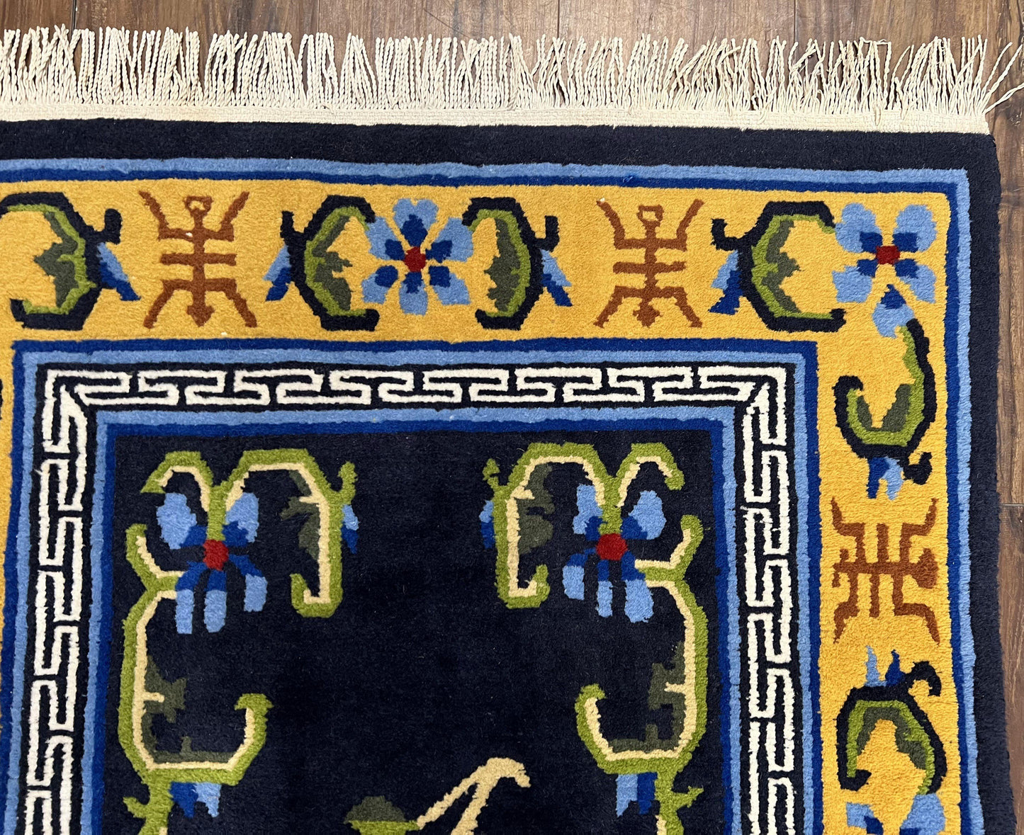 USED Chinese Art Deco Rug 3 x 5.9, Handmade Chinese Peking Carpet, Dark Blue and Gold, Medallion, Asian Oriental 3x6 Hand Knotted Vintage Rug