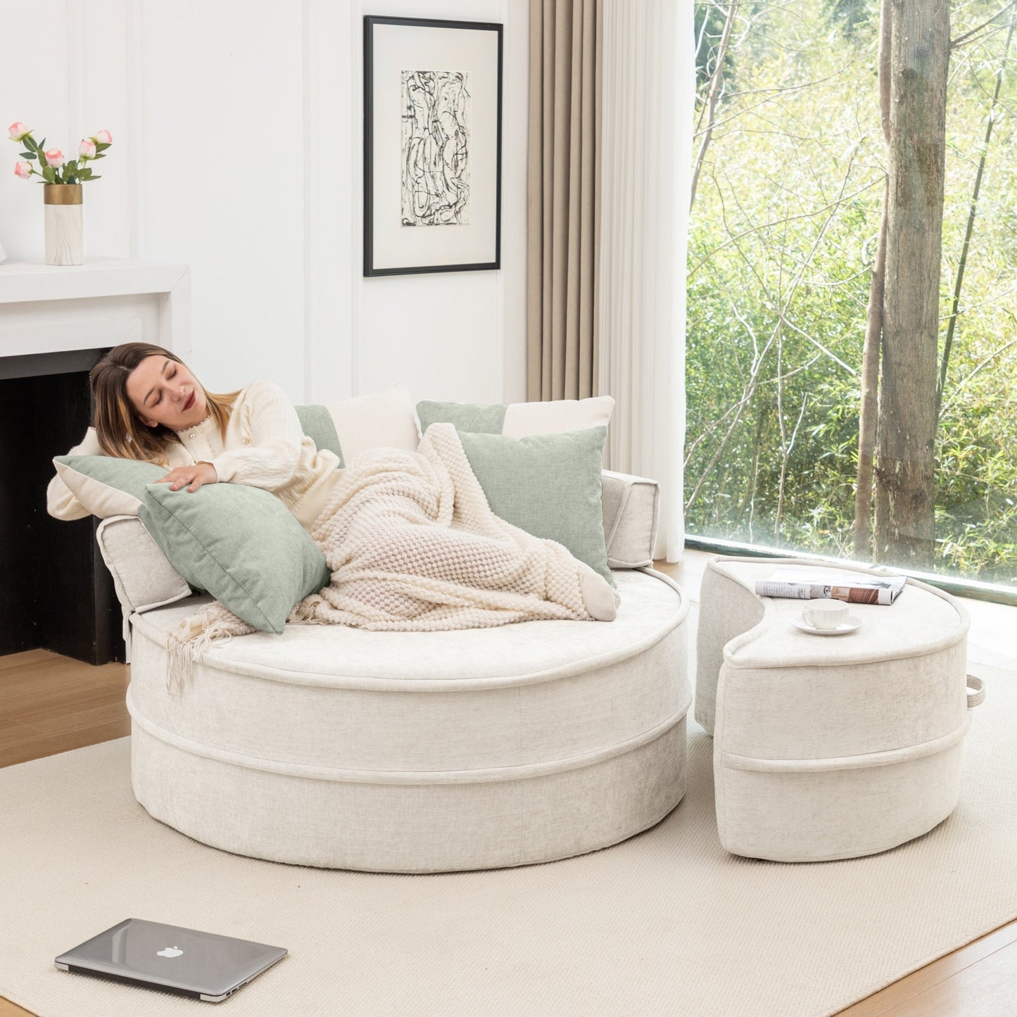 NEW Modern Oversized Beige Round Barrel Velvet Upholstered Lounge Armchair Accent Chair with Ottoman and 5 Pillows