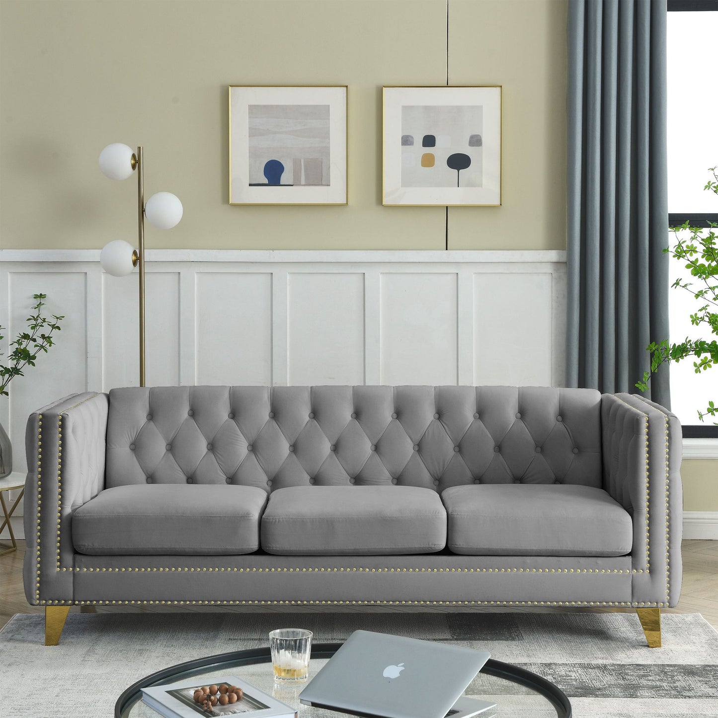 NEW Velvet Sofa for Living Room, Buttons Tufted Square Arm Couch, Modern Couch Upholstered Button and Metal Legs, Sofa Couch for Bedroom, Grey Velvet .2PCS