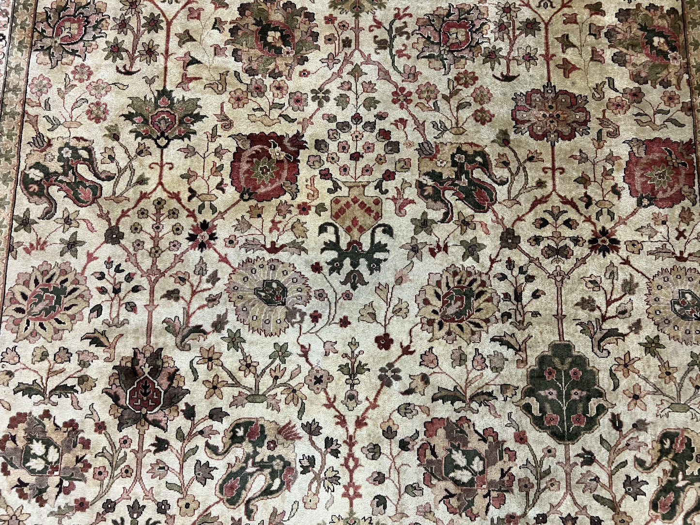 USED Large Indian Rug 10x14, Hand Knotted Indo Persian Gandehar Oriental Carpet, Vintage Wool Rug 10 x 14 ft Cream Red Floral Allover Traditional