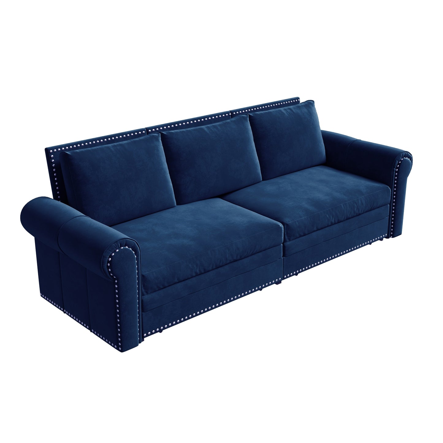NEW 93.7 ' King Pull Out Sofa Bed, Chesterfield Sofa, 3-in-1 Velvet Convertible Sleeper Sofa with Nailhead Trim & Rolled Arm, Multi-Functional Sofa Bed for Living Room, Bedroom, Apartment, Office, Blue