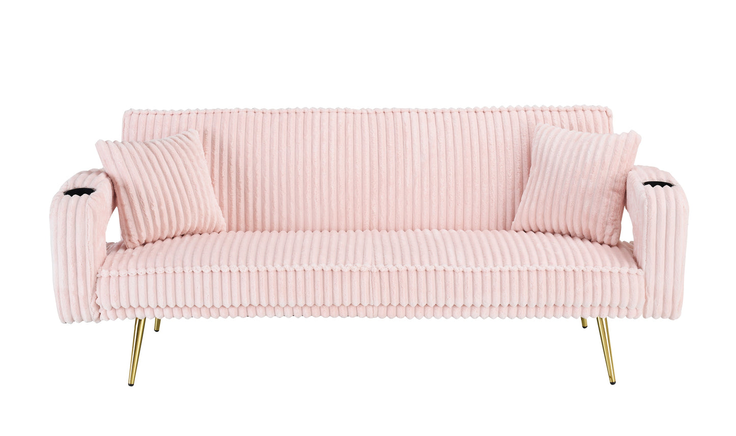 NEW 74 inch Straight Pink Corduroy Adjustable  Sofa Bed with Pillows