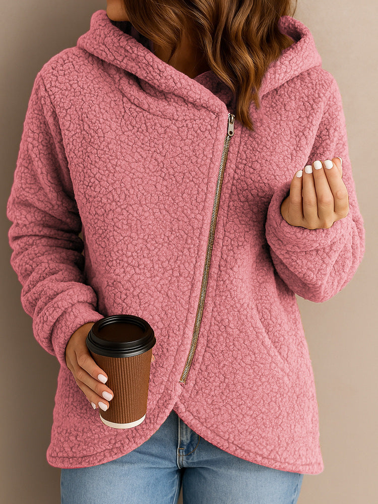 New Casual Loose Lambswool Long Sleeve Zipper Hoodie Coat