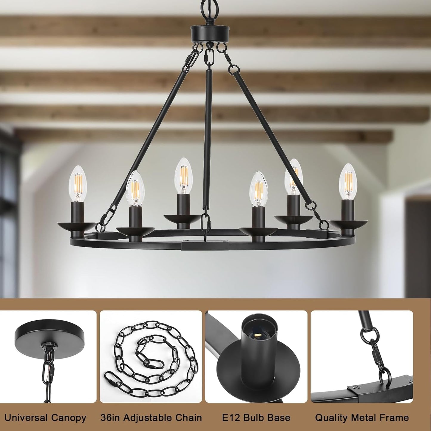 NEW Black Farmhouse Wagon Wheel Chandelier Six Light Fixture