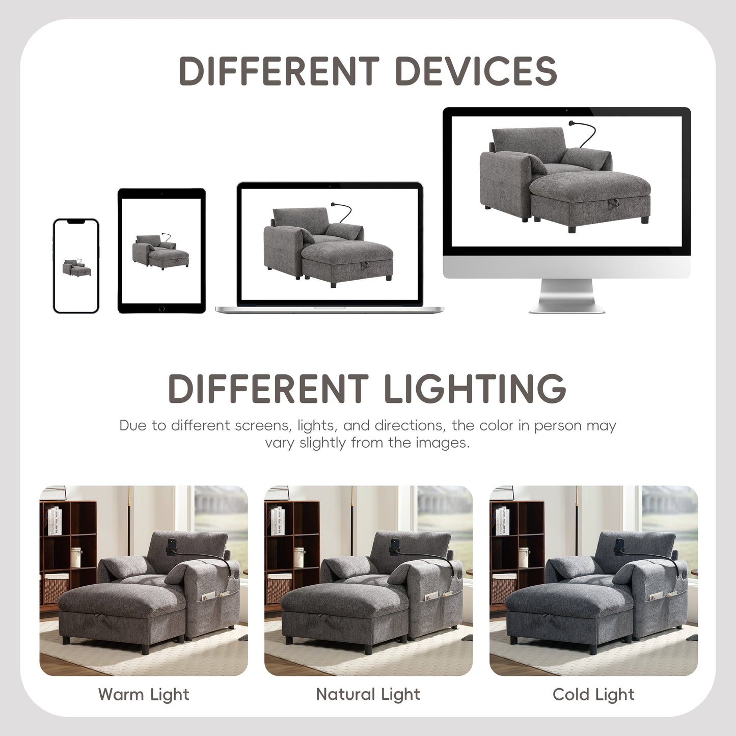 NEW 38' Chenille Single Sofa Wide Seat Chaise Lounge with Storage Ottoman
