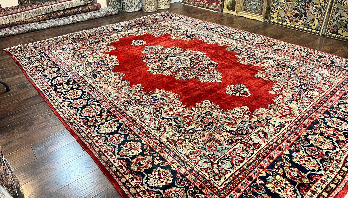 USED Persian Sarouk Rug 11x14, Semi Open Field, Large Antique Persian Wool Handmade Carpet, Red and Dark Blue, Floral