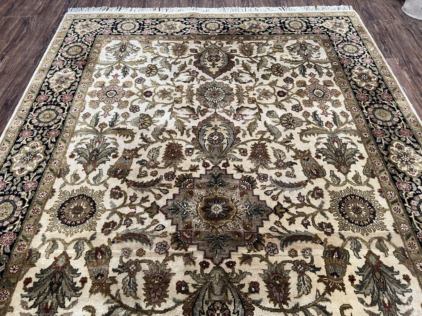 USED Indo Mahal Rug 6x9, Indian Floral Carpet 6 x 9, Beige and Black, Allover Design, Living Room Rug, Bedroom Rug, Traditional Rug, Vintage Rug