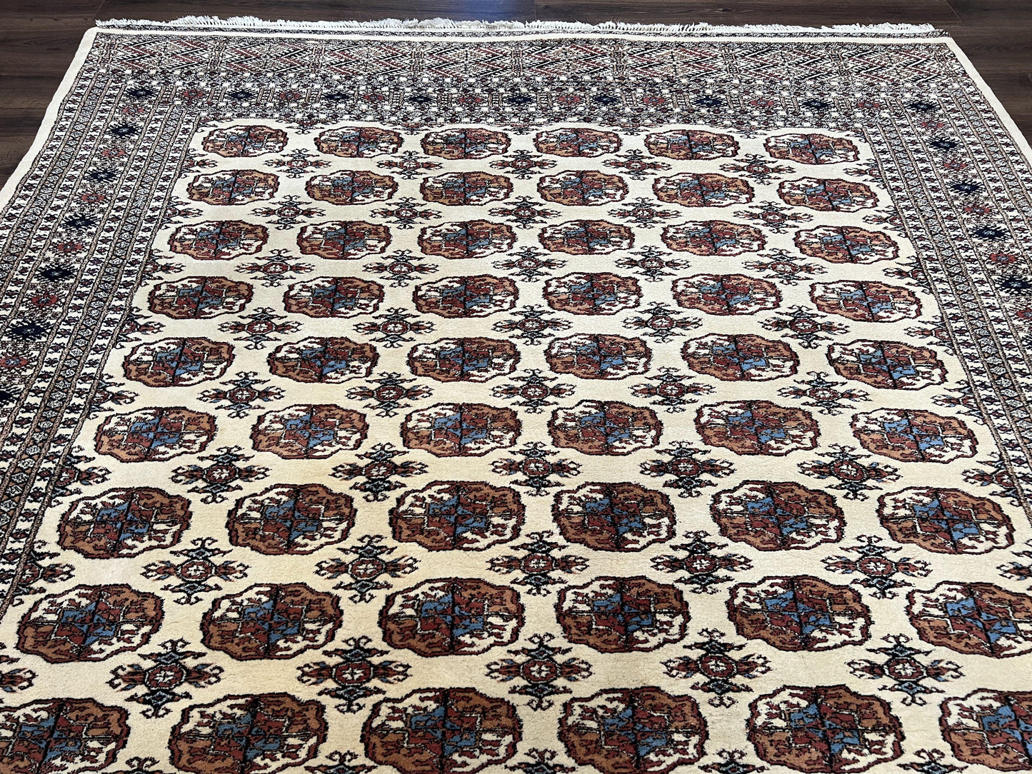 USED Pakistani Bokhara Rug 8x10, Traditional Turkoman Tribal Carpet, Allover Repeated Elephant Foot Motif, Ivory/Cream Black Red, Vintage Handmade