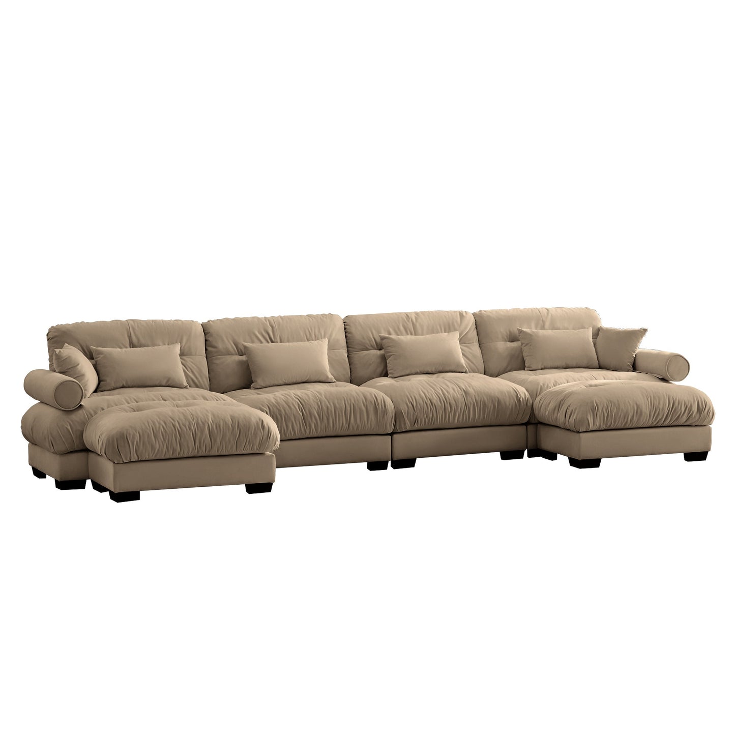 NEW Modern Velvet U Shaped Sectional Sofa Cloud Couch with Movable Ottomans and Bolstered Armrests in Camel