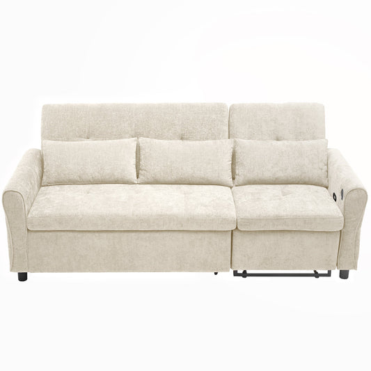 NEW Beige 82' Chenille Upholstered Two-in-One  Three-Seat Sofa with Pull-out Bed