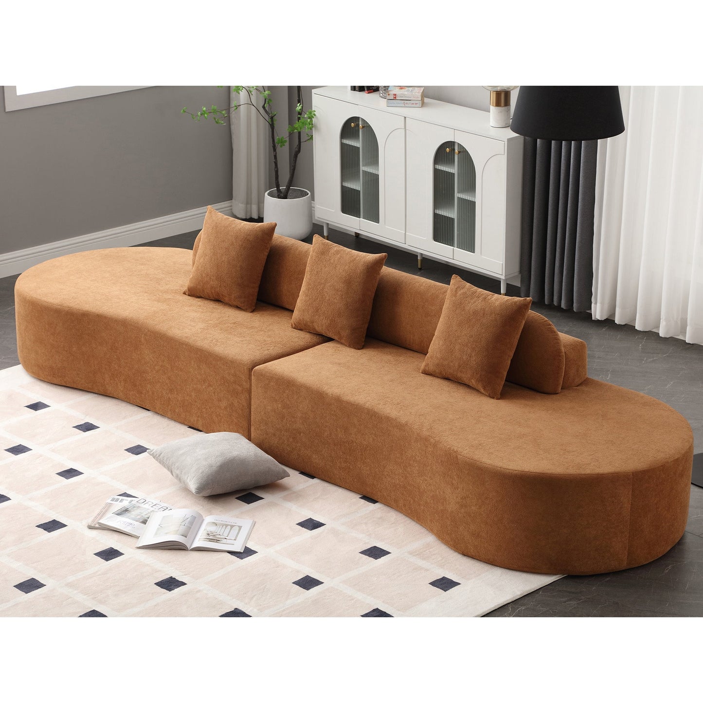 NEW  Modern curved combination sofa, terrycloth fabric sofa, minimalist sofa in living room, apartment, no assembly required, three pillows,Browm