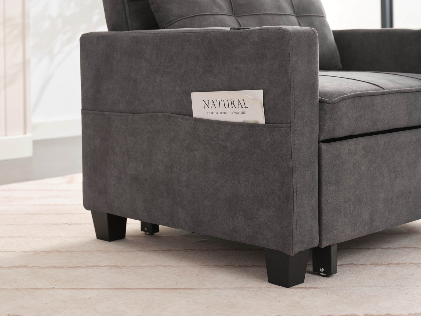 NEW Dark Grey Futon Bed Convertible Chair 3-in-1 Pull Out Sleeper Sofa with USB Ports