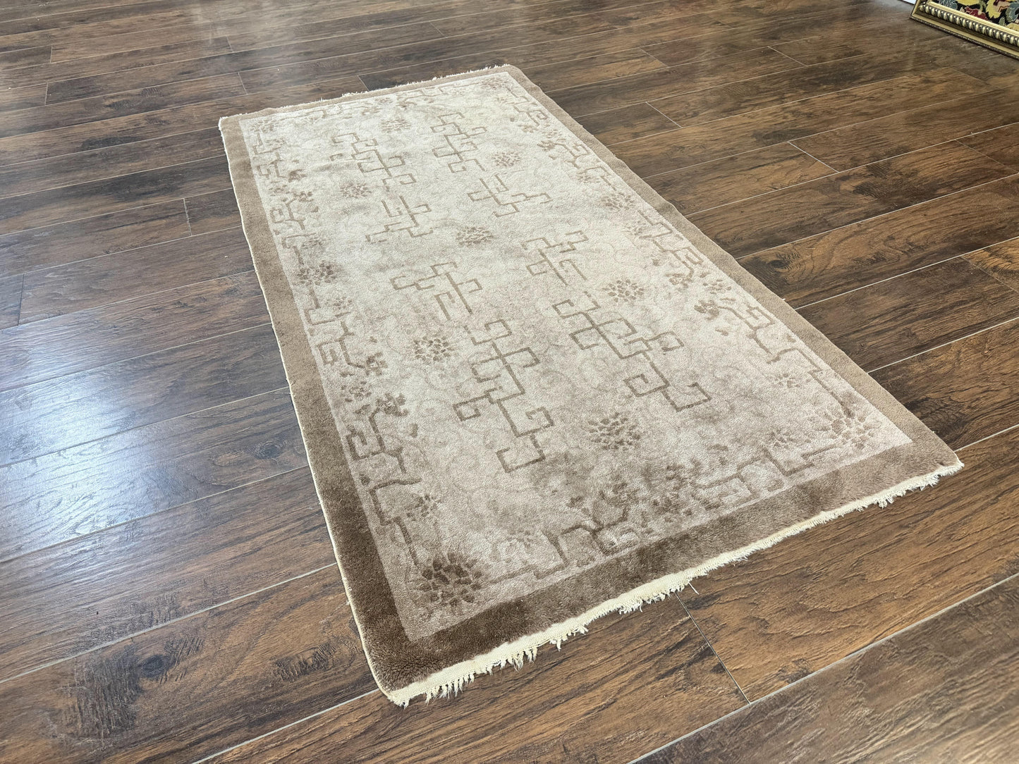 USED Antique Chinese Fette Rug 3x6, Taupe, Handmade Wool Chinese Carpet