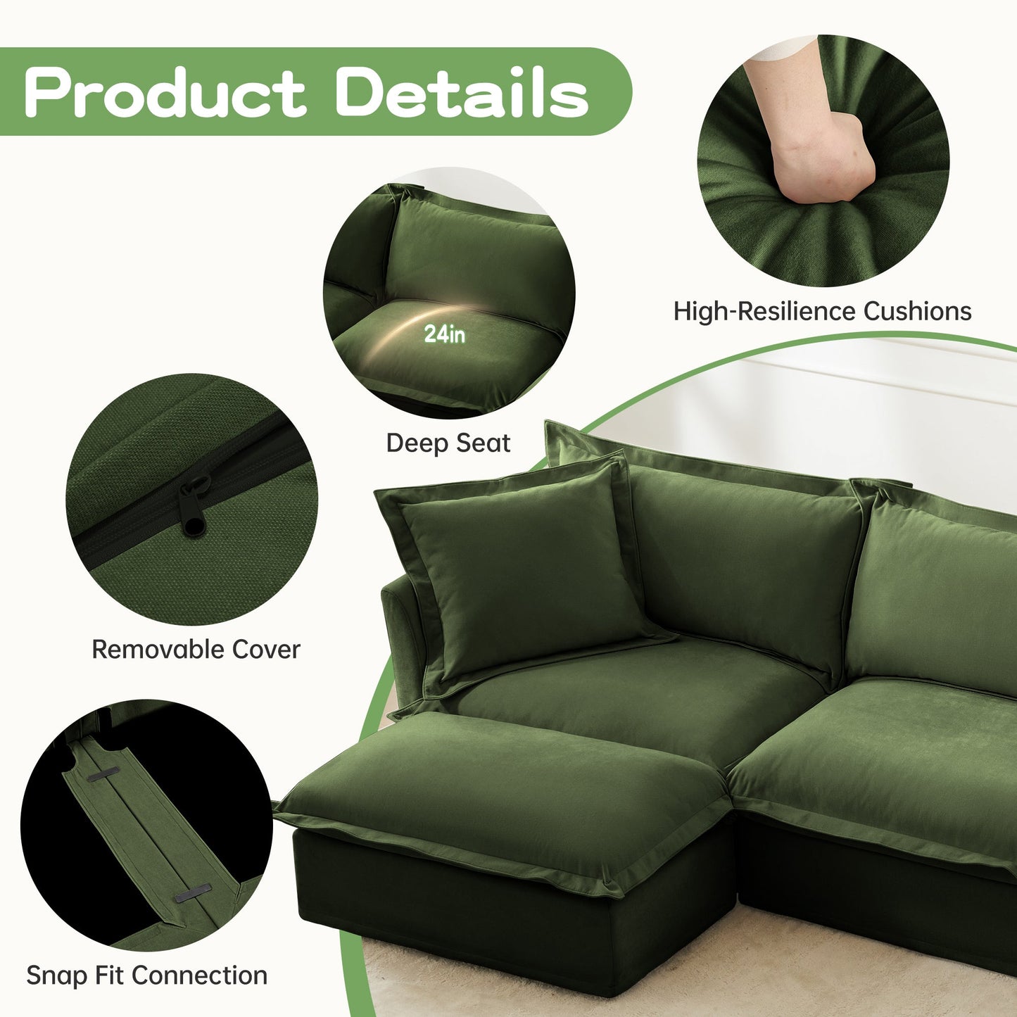 NEW Slip-covered Armchair with 1 Big Back Cushion and 2 Big Toss Pillows, Single Deep Seat Comfy Single Couch Sofa Multiple Large Soft Pillows, Chenille Fabric, Green