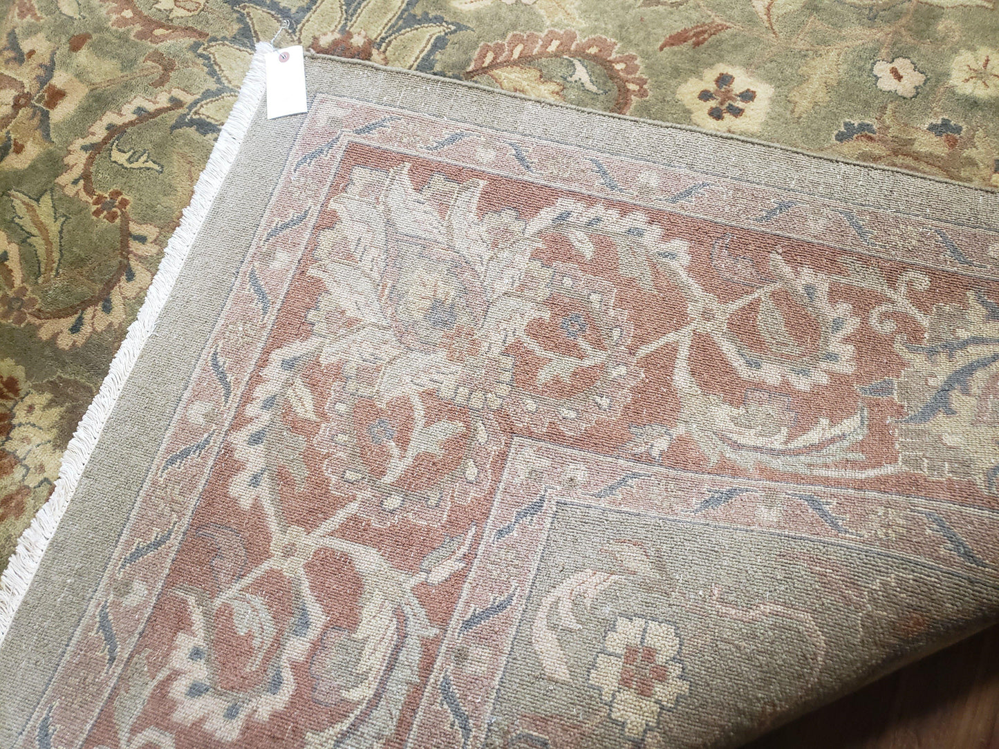 USED Vintage Indo Mahal Area Rug 9x12, Wool Hand-Knotted Laurel Green & Auburn Indian Carpet, 9 x 12 Floral Carpet, Living Room Rug