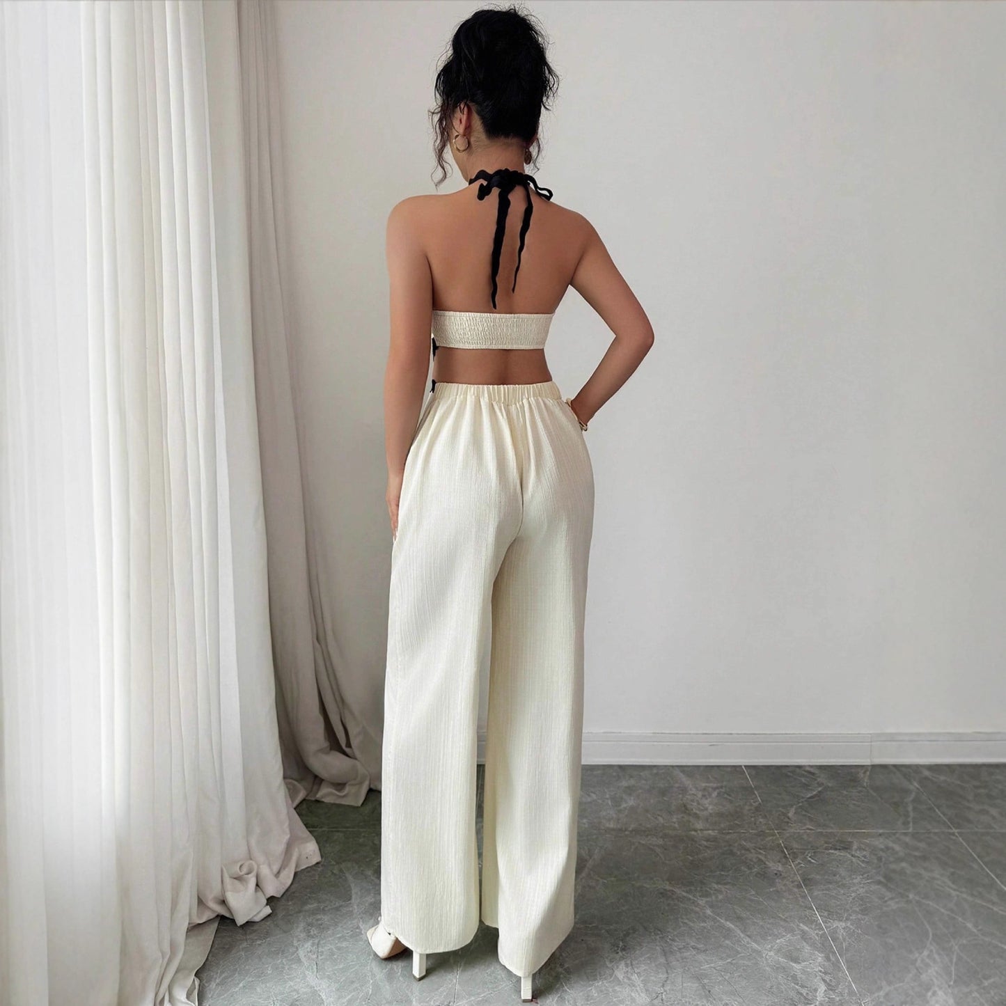 New Women's Fashionable Wave Lace Texture Halter Stitching Hollow-out Jumpsuit