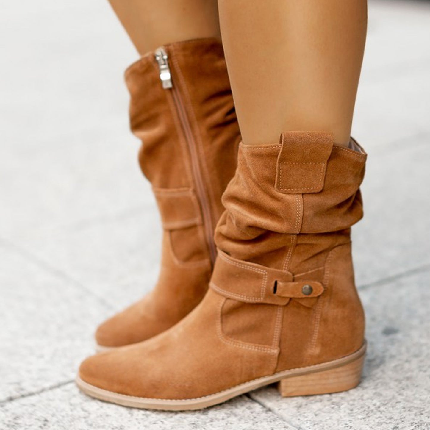 New Ins Pointed Toe Mid-calf Boots Fashion Suede Zipper Western Boot Winter Shoes For Women