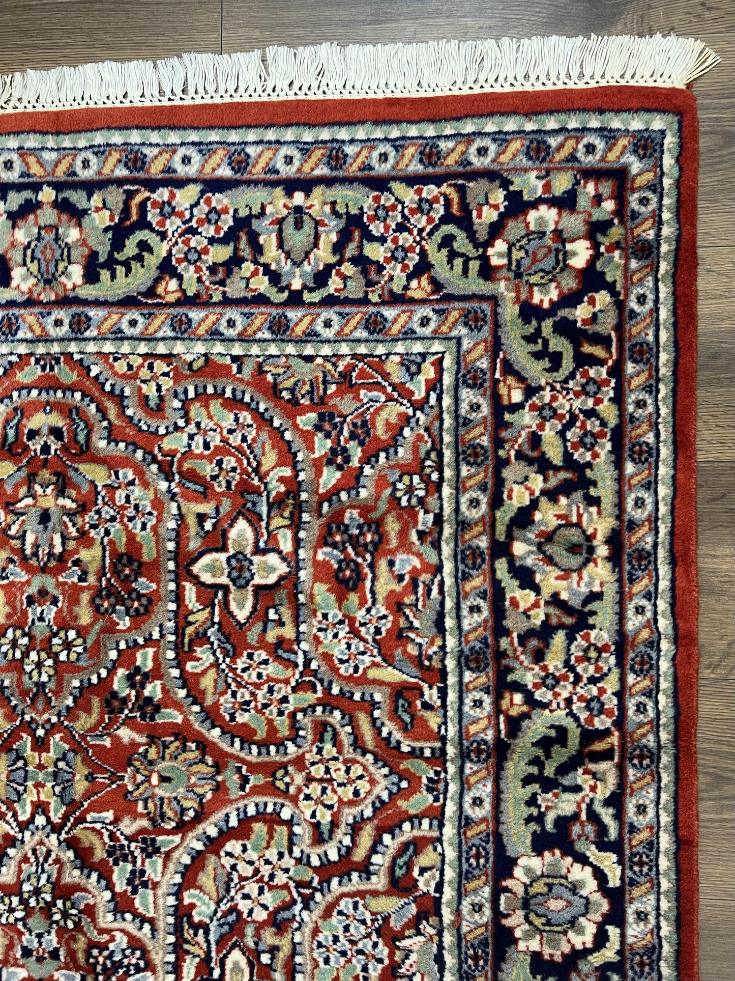 USED Indo Persian Rug 4x7, Allover Floral Oriental Carpet, Red and Navy Blue, Hand Knotted Indian Kashmiri Traditional Vintage Area Rug 4 x 7 ft