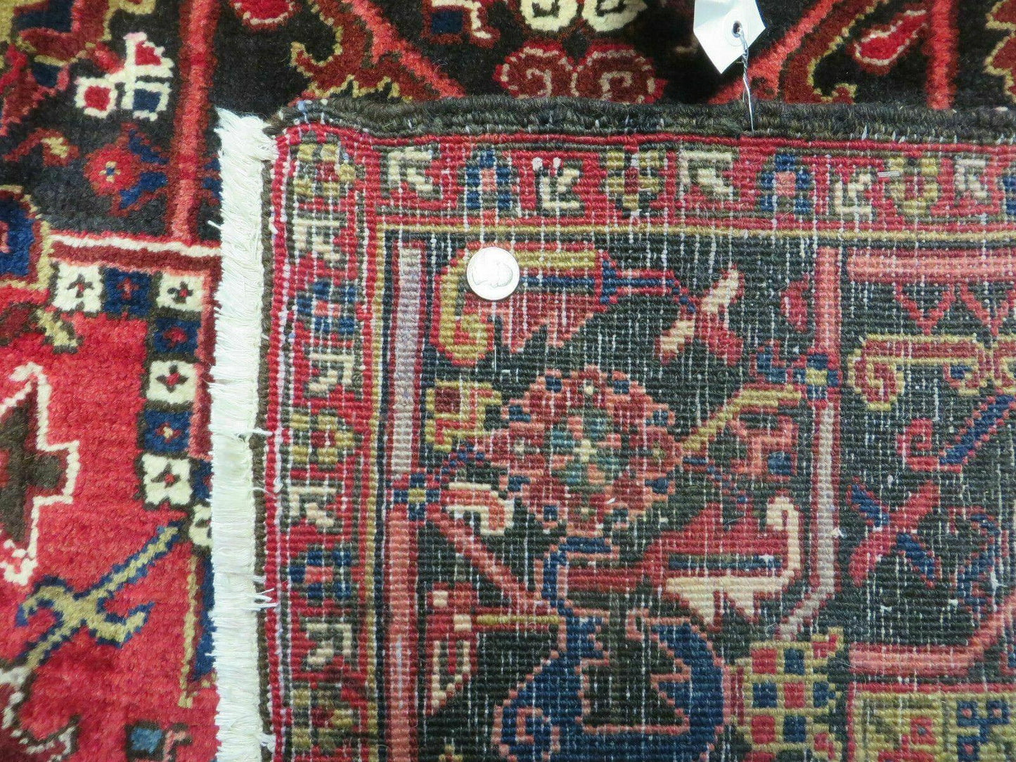 USED Wonderful Persian Heriz Rug 8.6 x 11, Geometric Heriz Carpet, Semi Antique Decorative Area Rug, Red Ivory Dark Blue Handmade Wool Room Sized