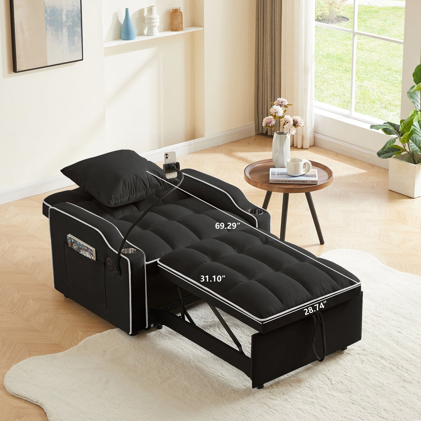 NEW Black Velvet Convertible 3-in-1 Sofa Bed with Multi-Pockets and Adjustable Sleeper