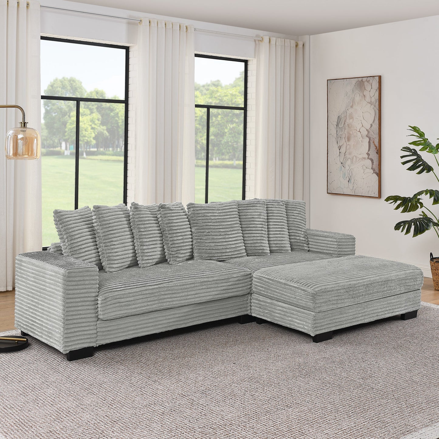NEW Gray Corduroy Tufted Upholstered Sleeper Sectional L-Shaped Modular Convertible Sofa