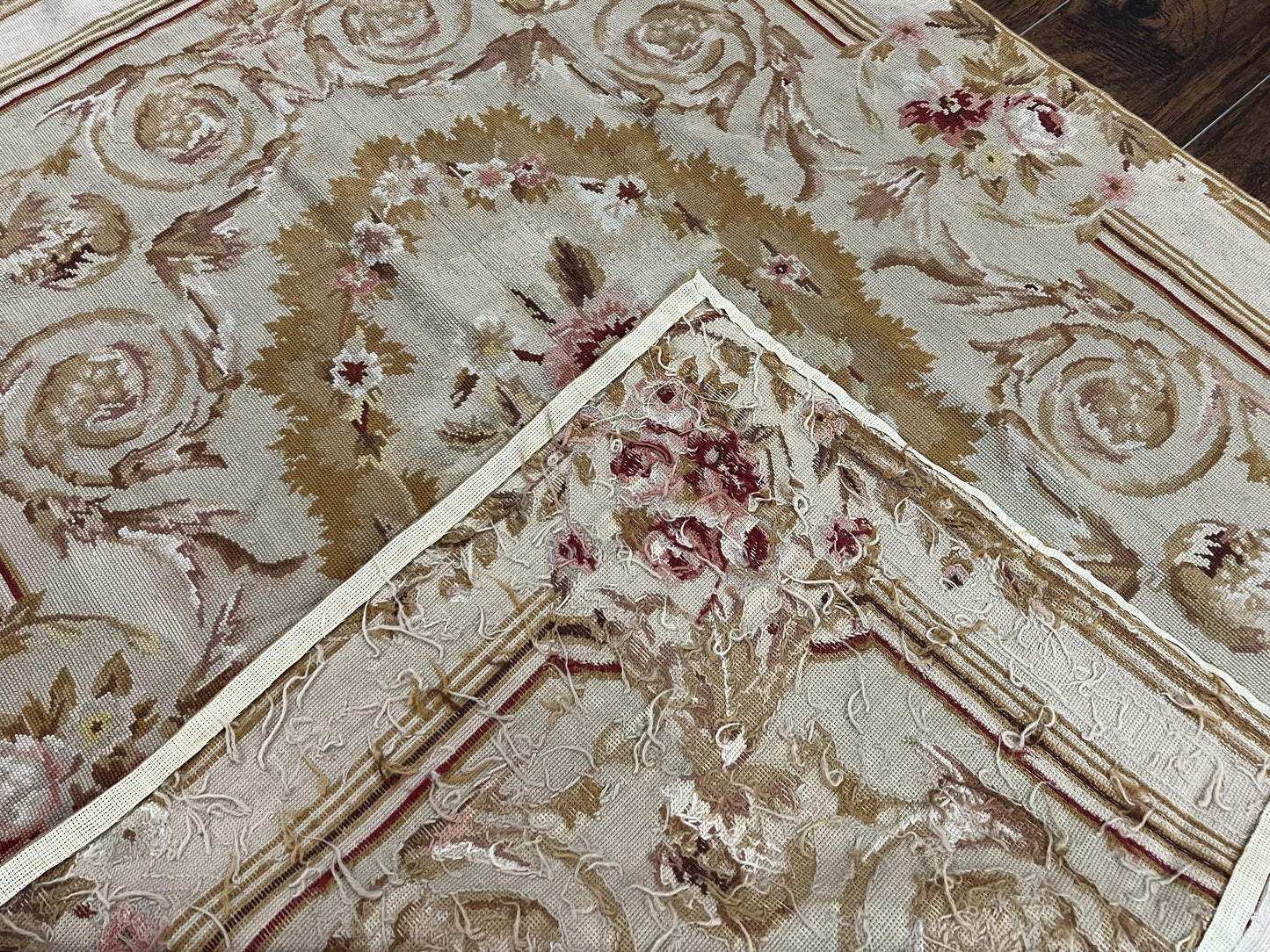 USED Aubusson Needlepoint Rug 4x5 ft, Beige and Tan, Aubusson Savonnerie Vintage Carpet, Handwoven Handmade Wool Rug, European Design Floral Rose