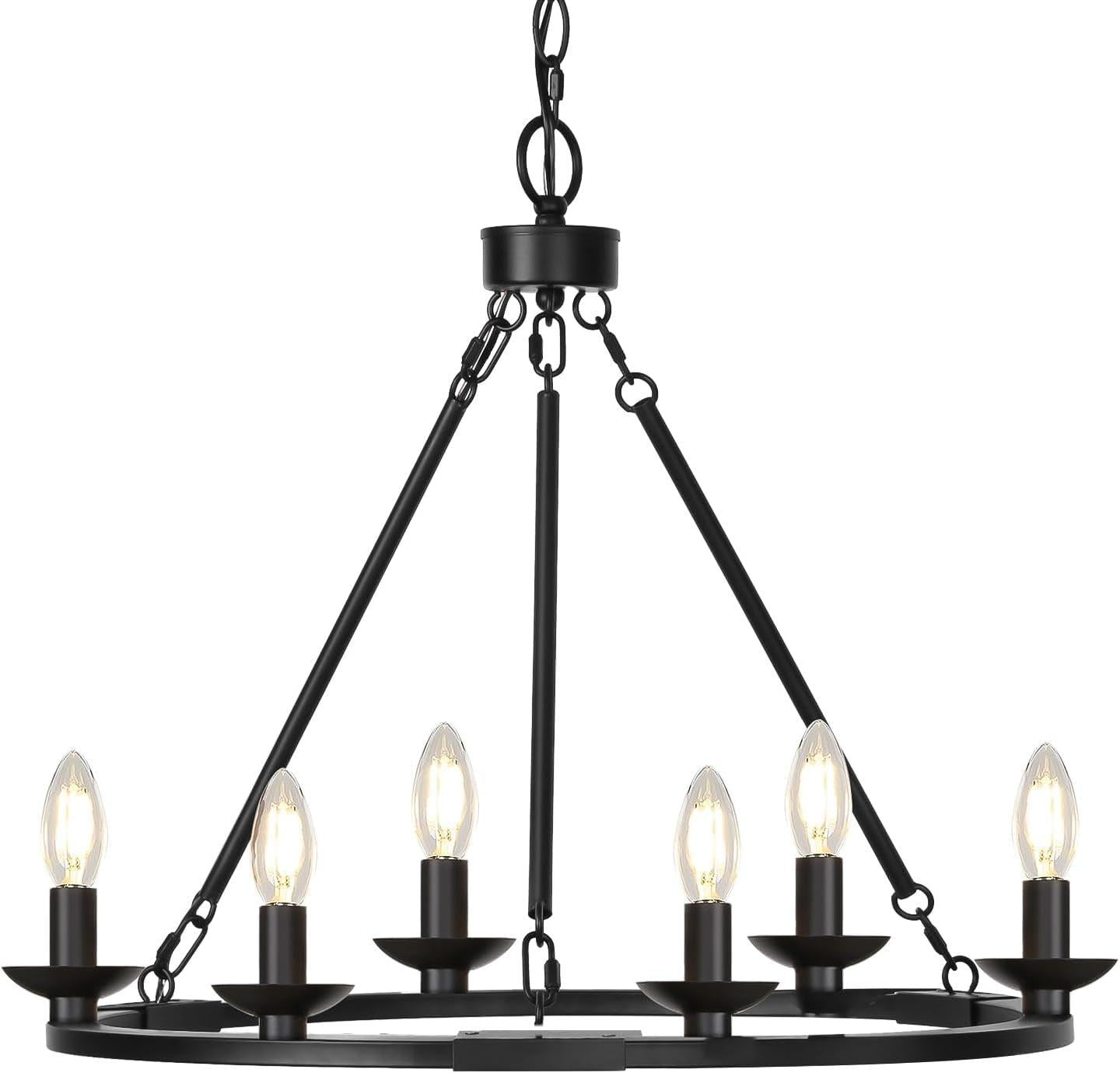 NEW Black Farmhouse Wagon Wheel Chandelier Six Light Fixture