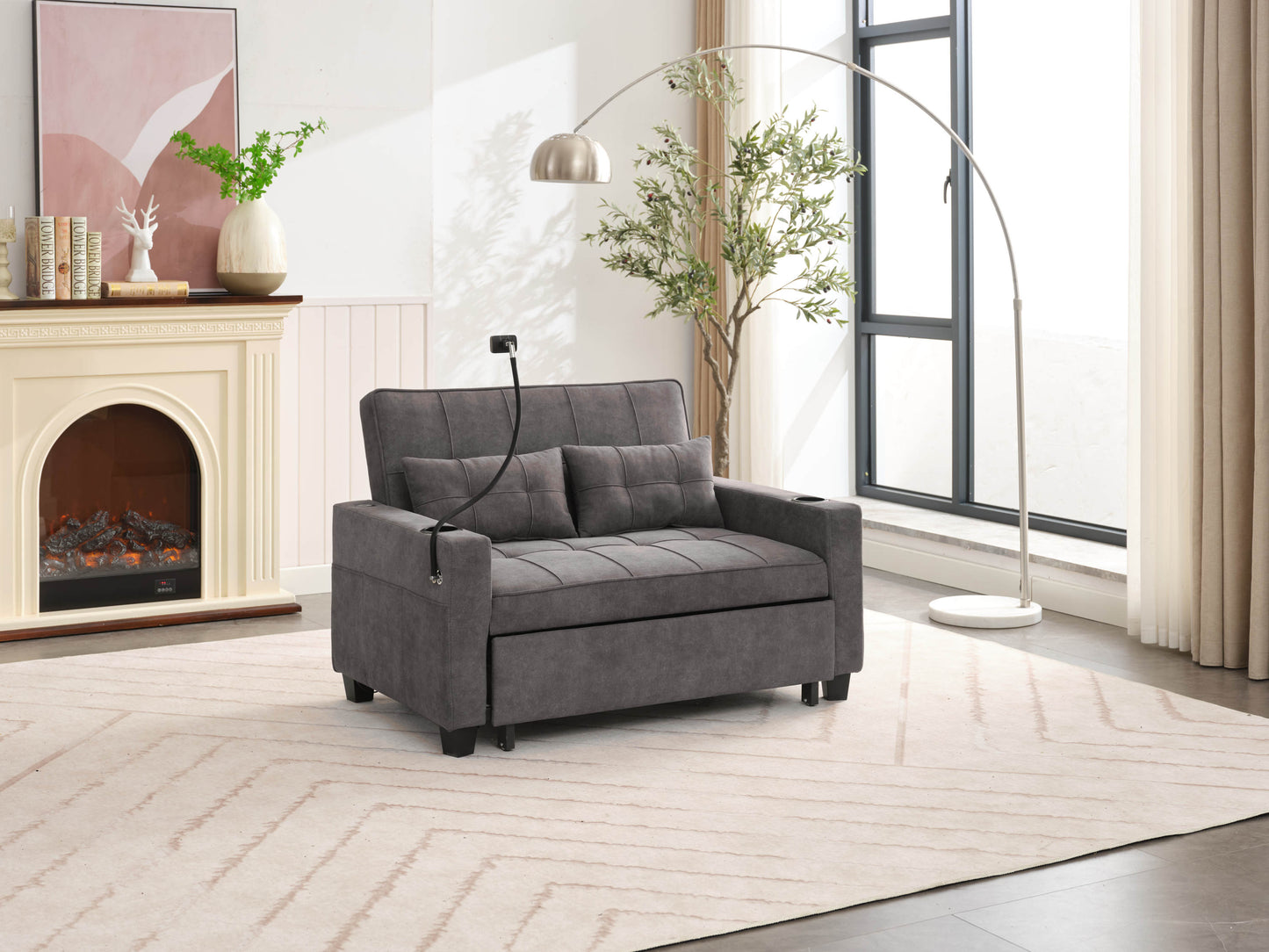 NEW Dark Grey Cloth Fabric 2 Seater Loveseat Recliner Sofa Bed with Adjustable Backrest USB and Cupholders