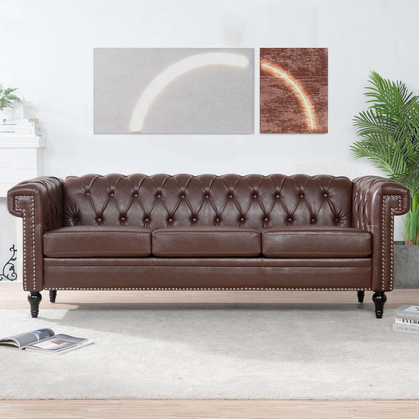 NEW Traditional Dark Brown 3 Seater Sofa with Removable Cushions and Square Arms in PU Material