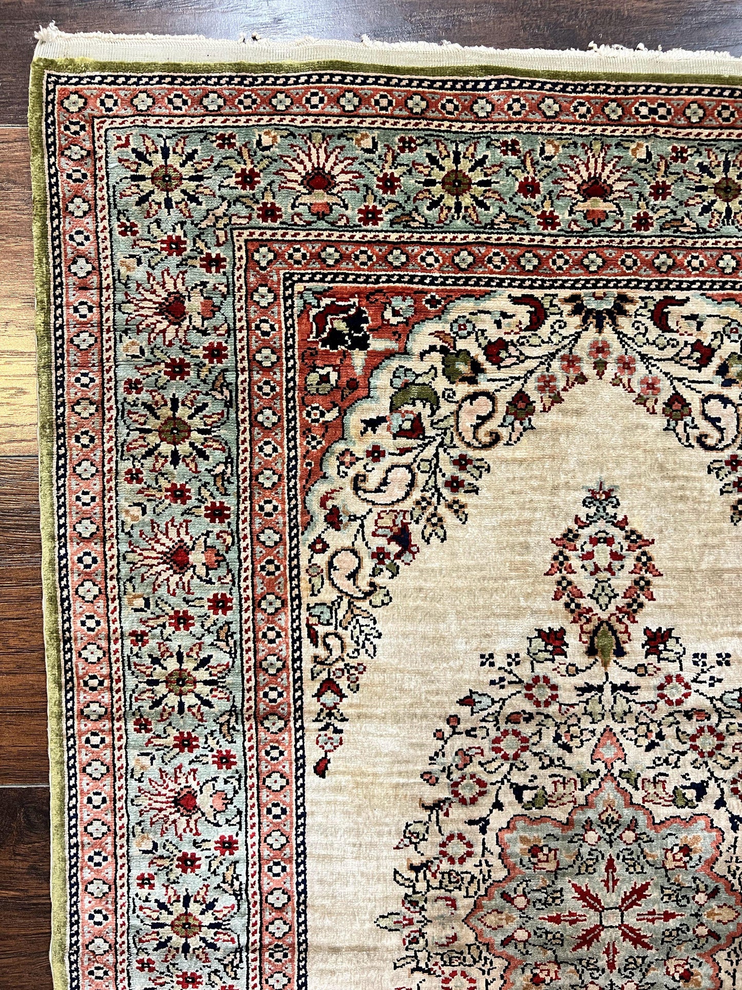 USED Silk Turkish Kayseri Rug 2x3, Very Finely Hand Knotted, Semi Open Field, Vintage, Silk Pile on Silk Foundation, 300 KPSI